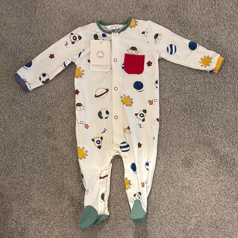 Mayoral White Space Print Baby One-Piece with Red Pocket